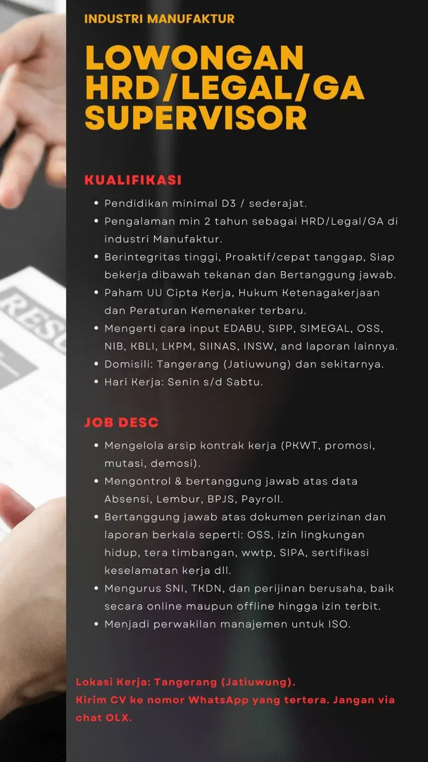 LOWONGAN HR/GA SUPERVISOR