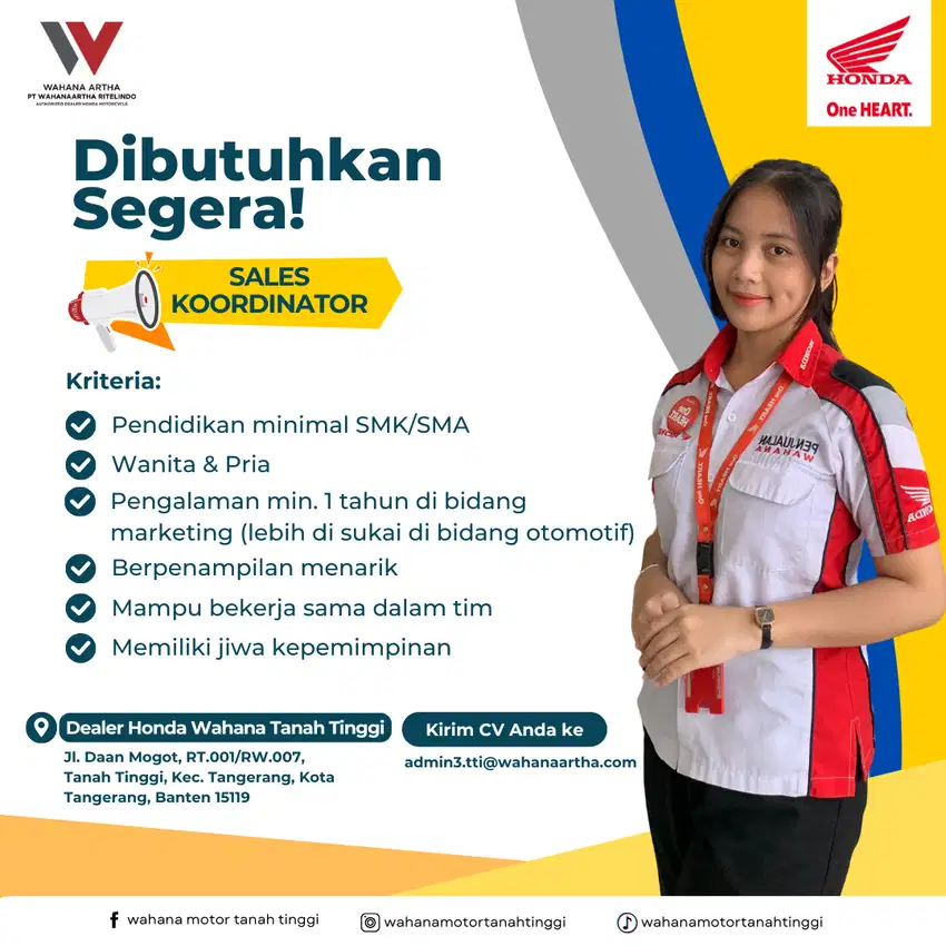 Lowongan Kerja Sales Codinator, Marketing Officer, Sales Counter