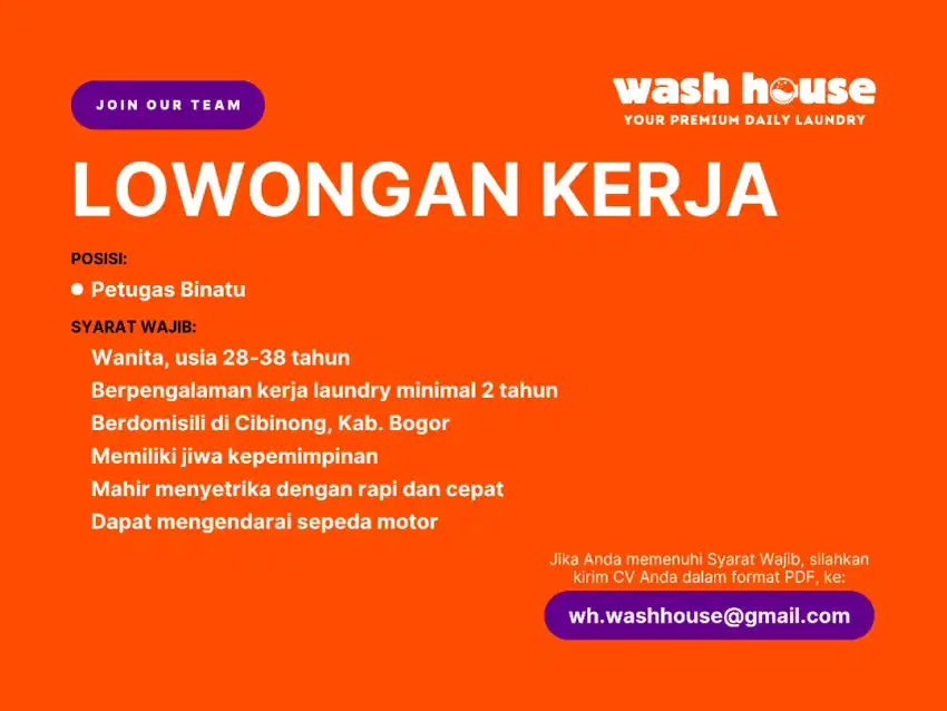 LOKER LAUNDRY CIBINONG - PETUGAS BINATU