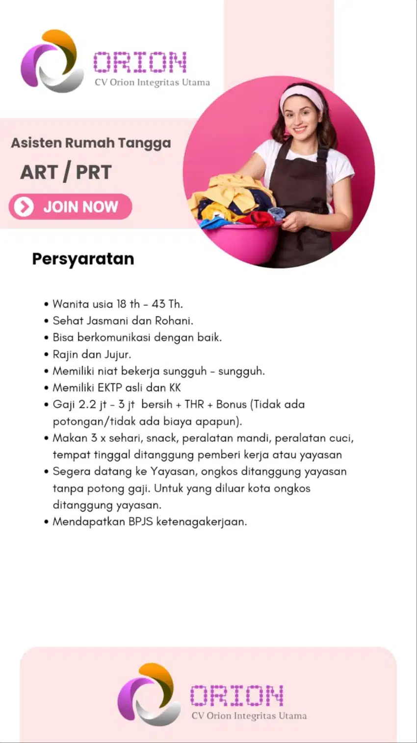 LOWONGAN KERJA ART, BABY SITTER, PERAWAT LANSIA