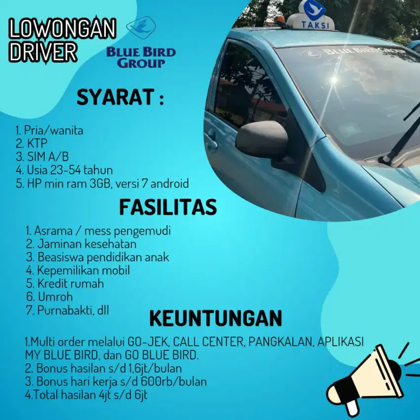 Lowongan kerja driver Bluebird pool Cimanggis Depok