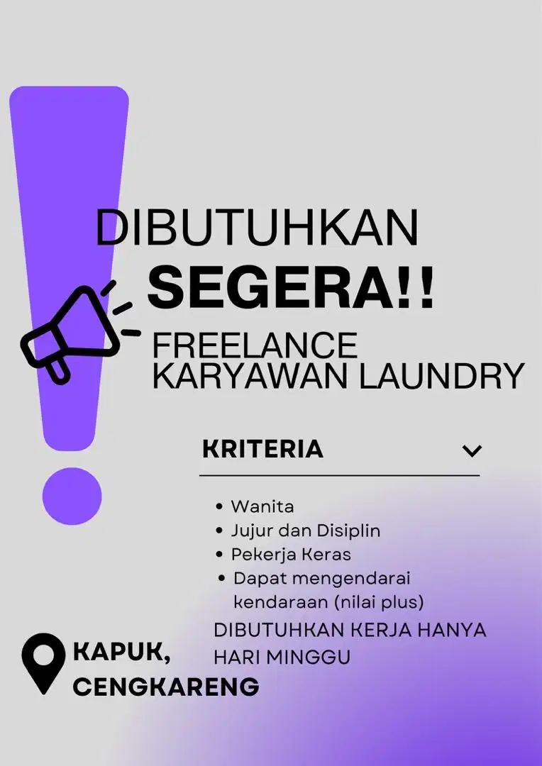 PART TIME - KARYAWAN LAUNDRY SETIAP HARI MINGGU