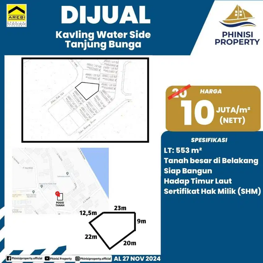 DIJUAL KAVLING LUAS & BESAR DI KOMPLEKS WATER SIDE TANJUNG BUNGA