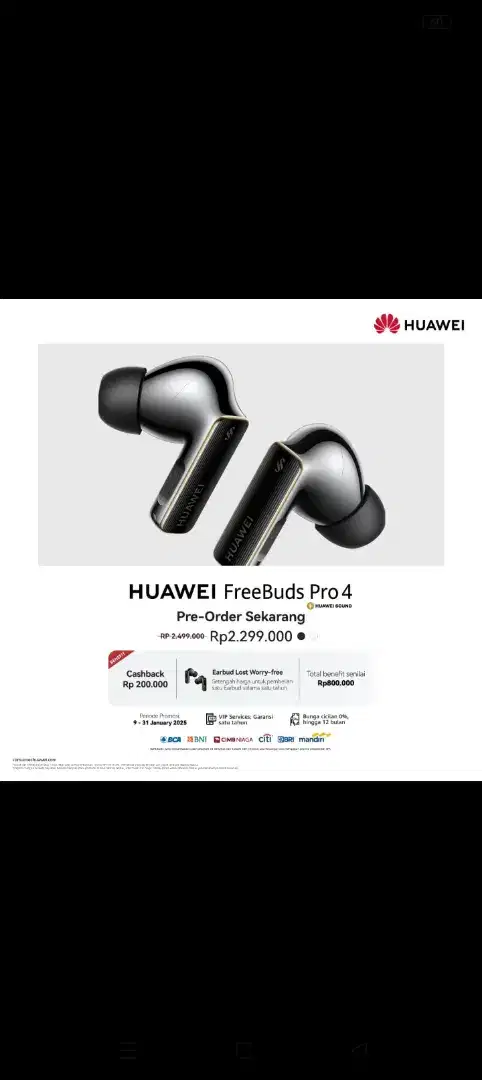 Pre Order Buds Huawei Pro 4 |Cashback 200 Ribu | Garansi selama 1 thun