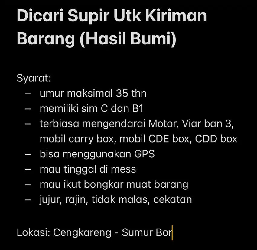 Dibutuhkan Supir SIM C dan B1