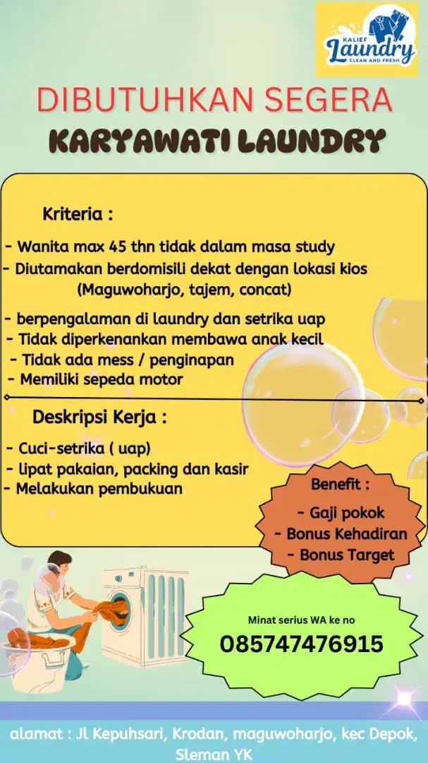 Dibutuhkan segera karyawati laundry