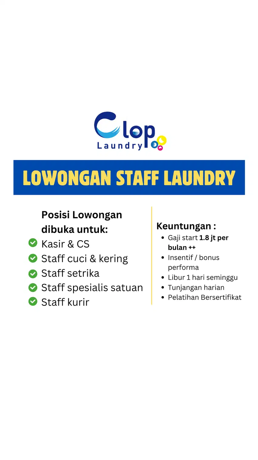 Lowongan Kerja Staf Laundry Londri Daerah Bendungan Hilir (Jakpus)