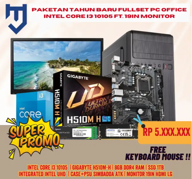 Paketan Tahun Baru Fullset PC Office Intel Core I3 10105 ft. 19In Moni