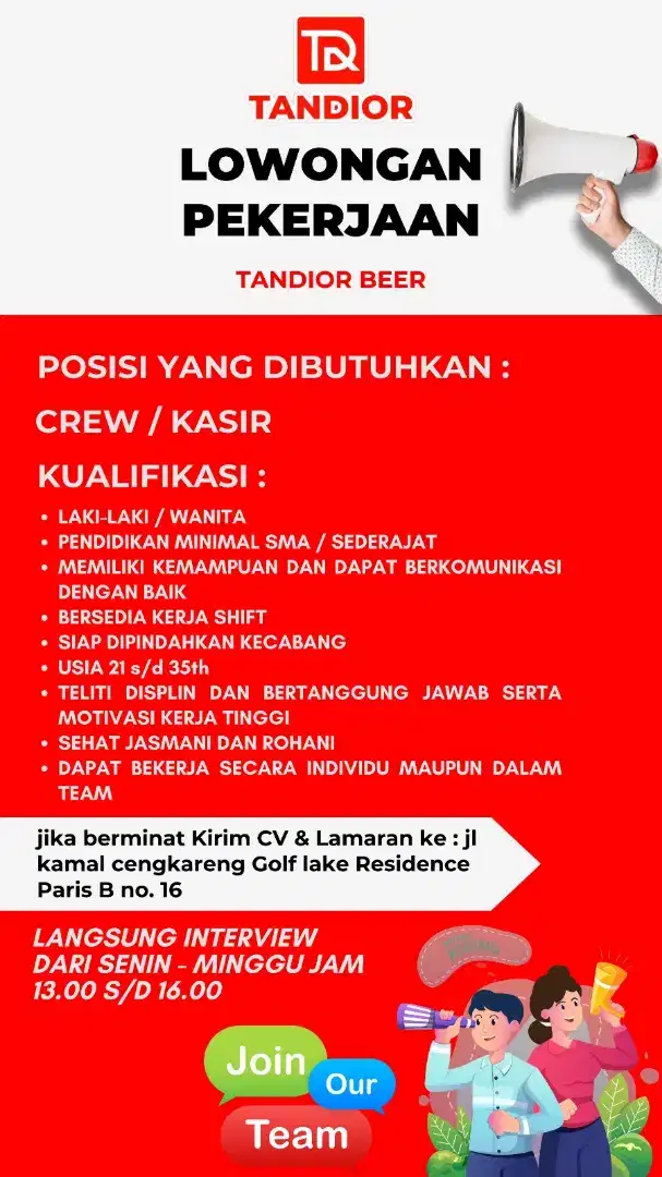 DI CARI SEGERA CREW DAN KASIR