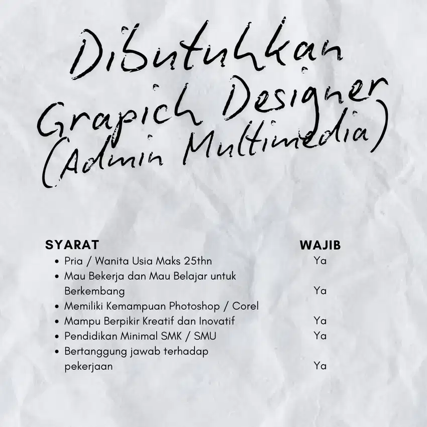 Dibutuhkan Grapich Designer / Admin Multimedia