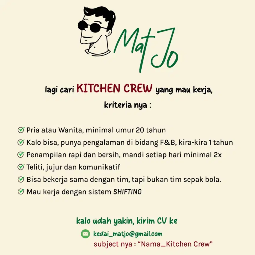 Lowongan Kitchen Crew / Kitchen helper