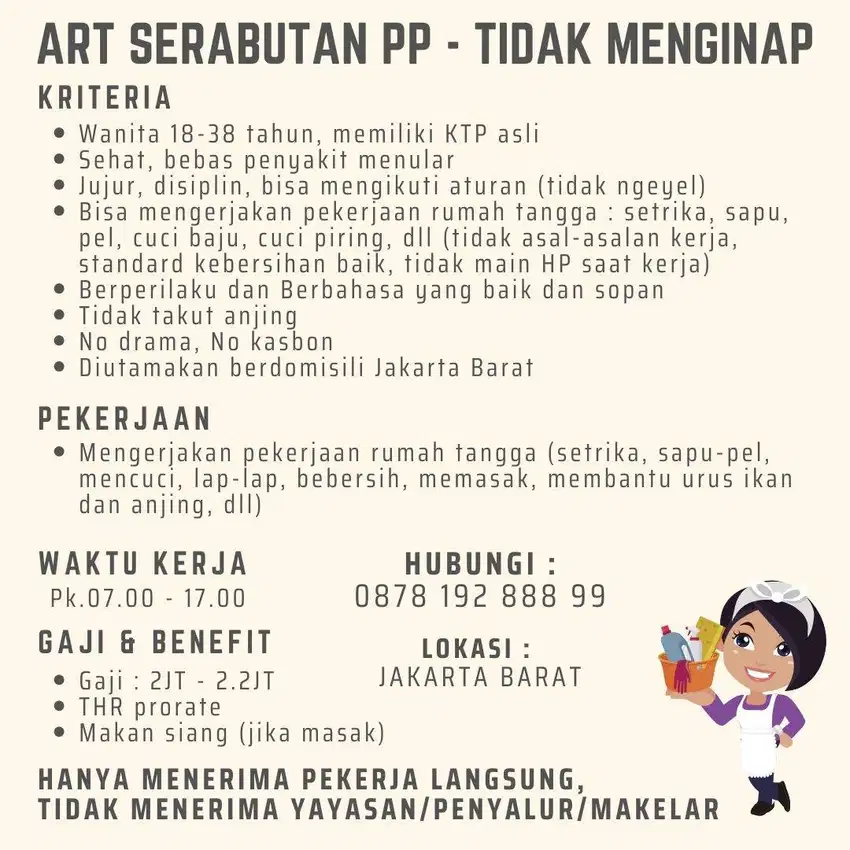 Lowongan ART / PRT PP - Pembantu Rumah Tangga Serabutan Pulang Pergi