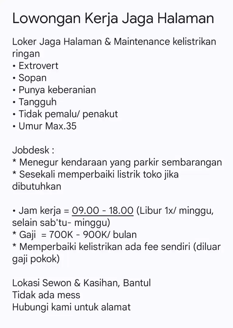 Loker Jaga Halaman & Maintenance Kelistrikan