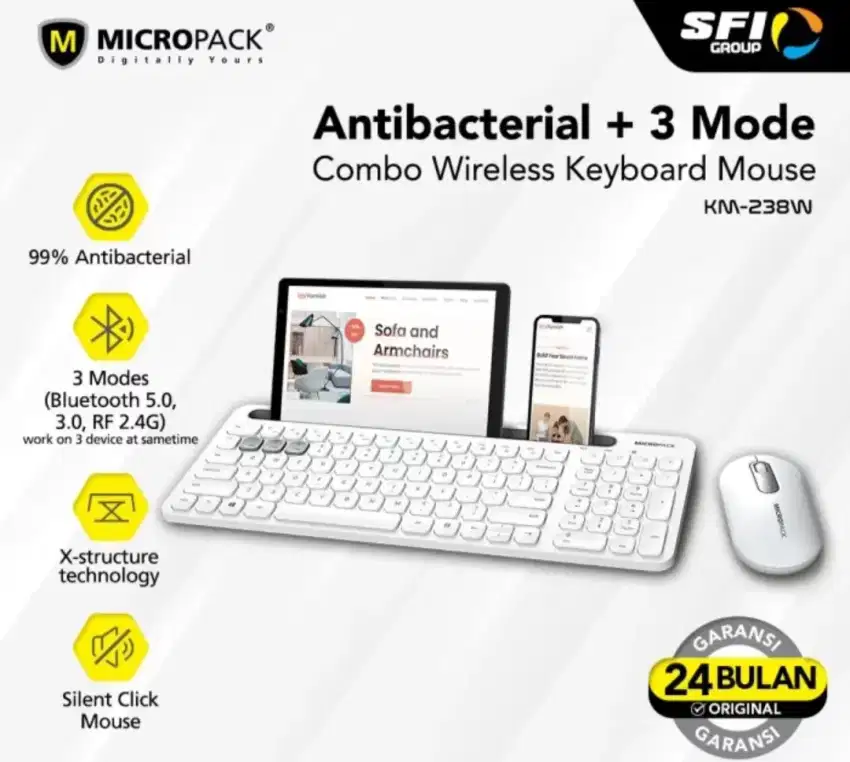 KEYBOARD + MOUSE COMBO WIRELESS ANTIBACTERIAL AND 3 MODE KM-238W