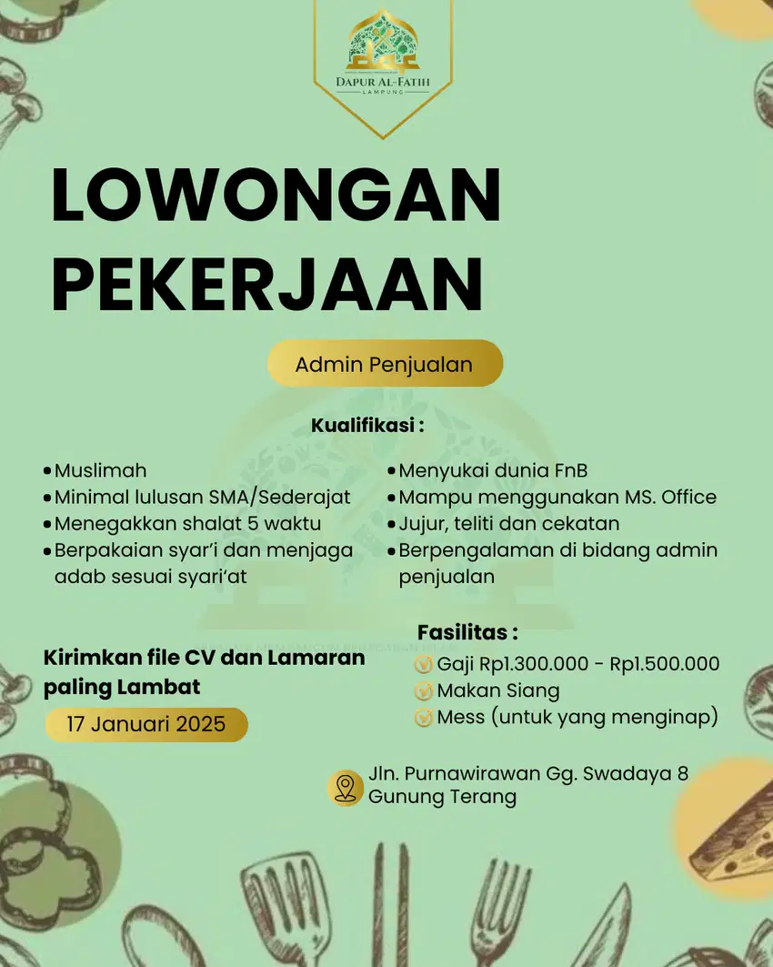 Lowongan kerja posisi Admin Penjualan di Katering DAF Lampung