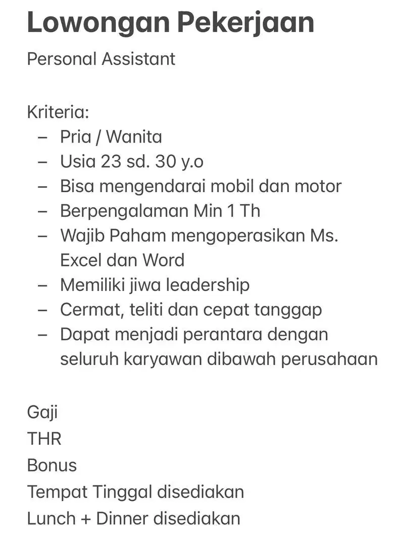 Lowongan Pekerjaan Personal Assistant