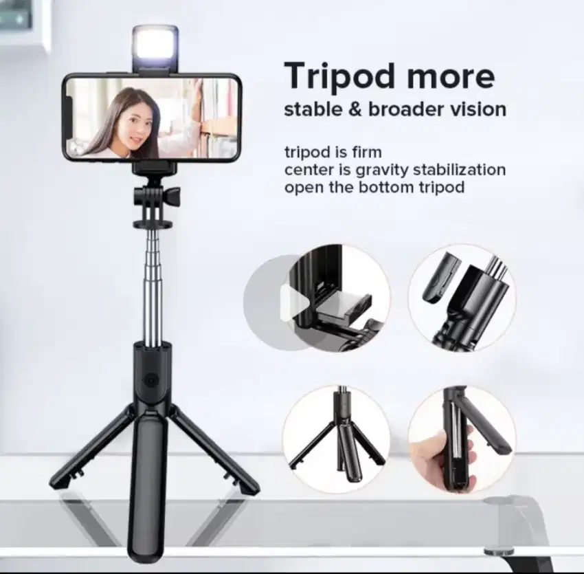 Tongsis + Tripod R1S Lampu LED/Selfie  Stick Bluetooth+Lampu Flash New