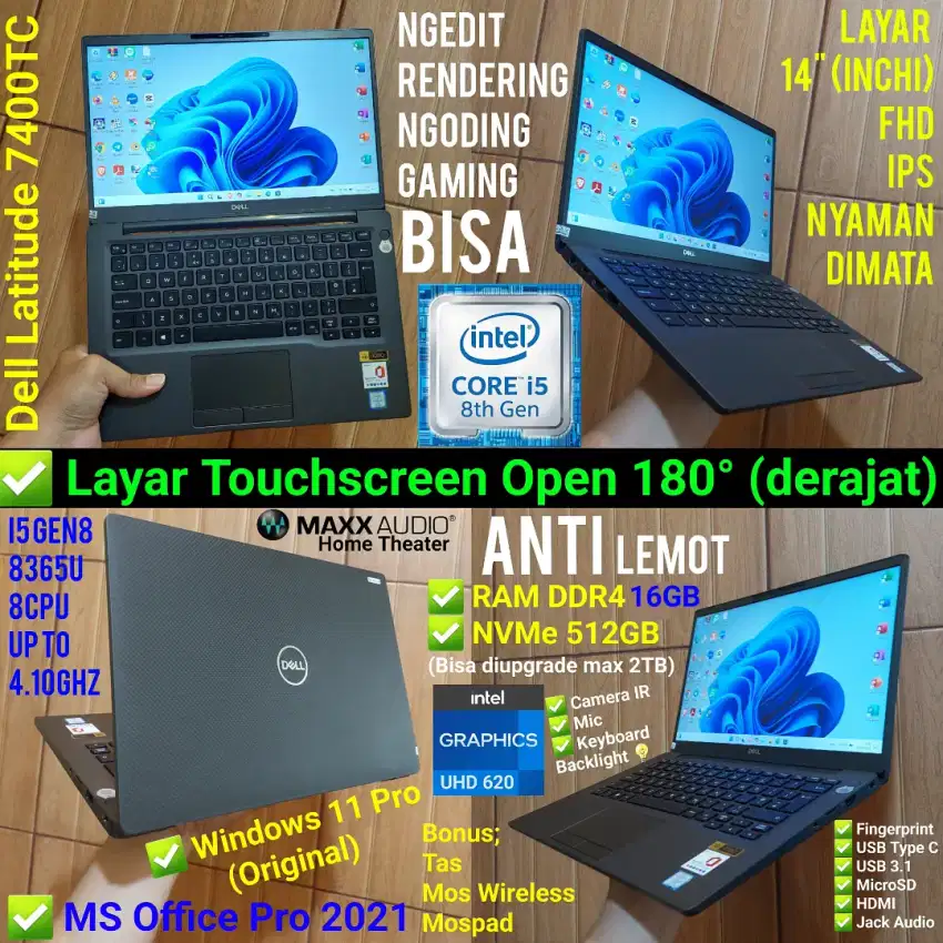 Dell Touchscreen i5 Gen8 8CPU RAM 16GB SSD NVMe 512GB Laptop 14inch