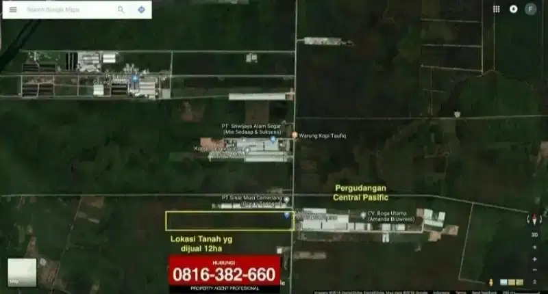 Dijual tanah 12 Ha di TAA Depan Pergudangan Central Pacific Palembang