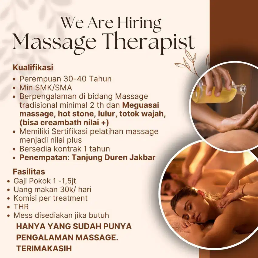 Dibutuhkan Therapist Massage Tanjung Duren