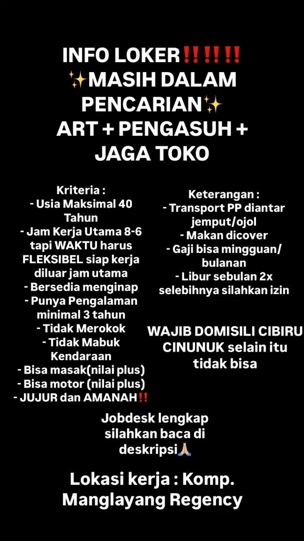 Dicari/dibutuhkan ART + Pengasuh + Jaga Toko