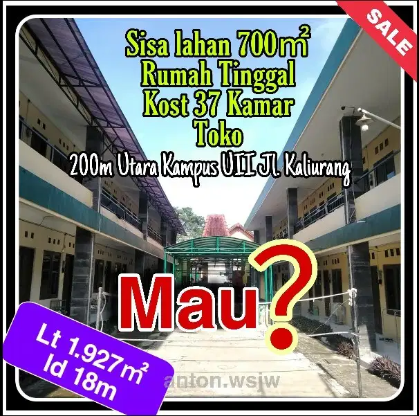 Rumah Kost Jogja 37 Kamar, Ruko Kampus UII Lt 1927 m2 Lb 1069 m2  SHM