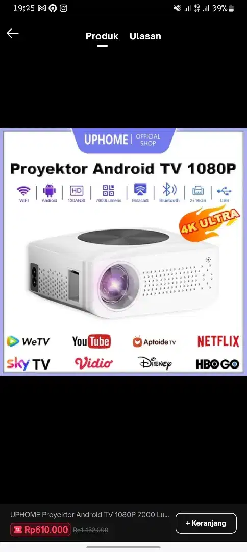 UPPROYEKTOR ANDROID LUMEN SMART PROJECTOR ANDROID 9.0 RAM 2G ROM 16G