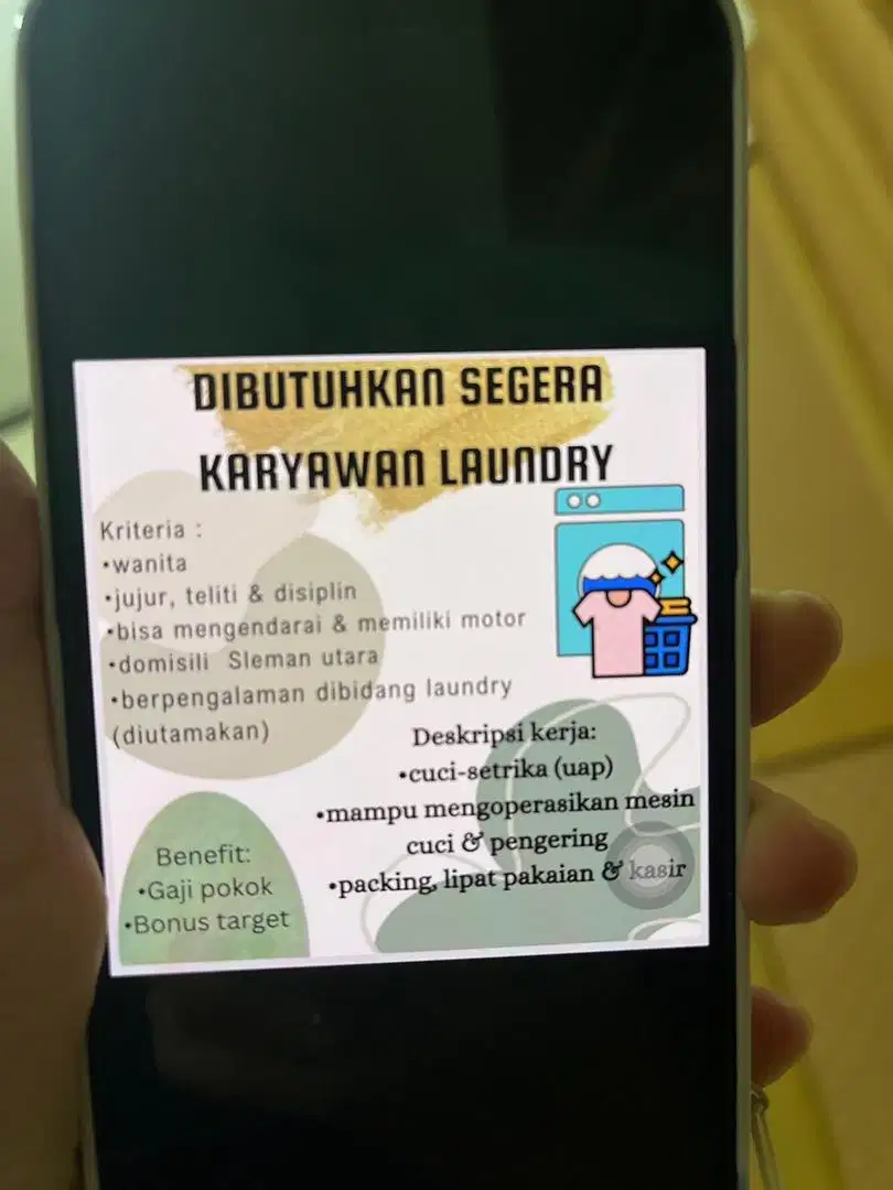 Di butuhkan karyawan laundry