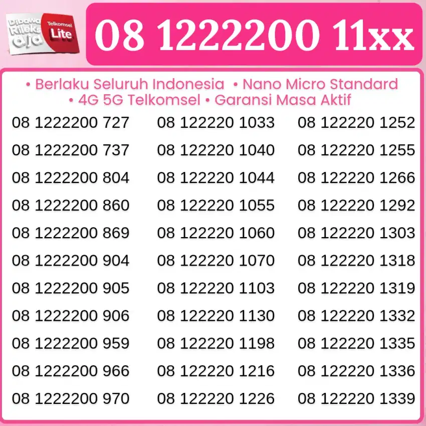 NOMOR CANTIK TELKOMSEL SUPPORT 4G 5G PERDANA NO TELKOMSEL NOMOR 12222