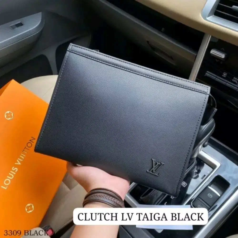 Clutch LV Taiga Black Leather Fullset Box tas handbag pria lv