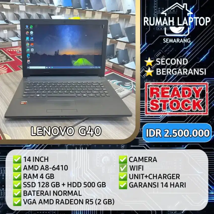 Lenovo G40 (second)AMD A8-6410. RAM 4 GB. SSD 128 GB + HDD 500 GB. VGA