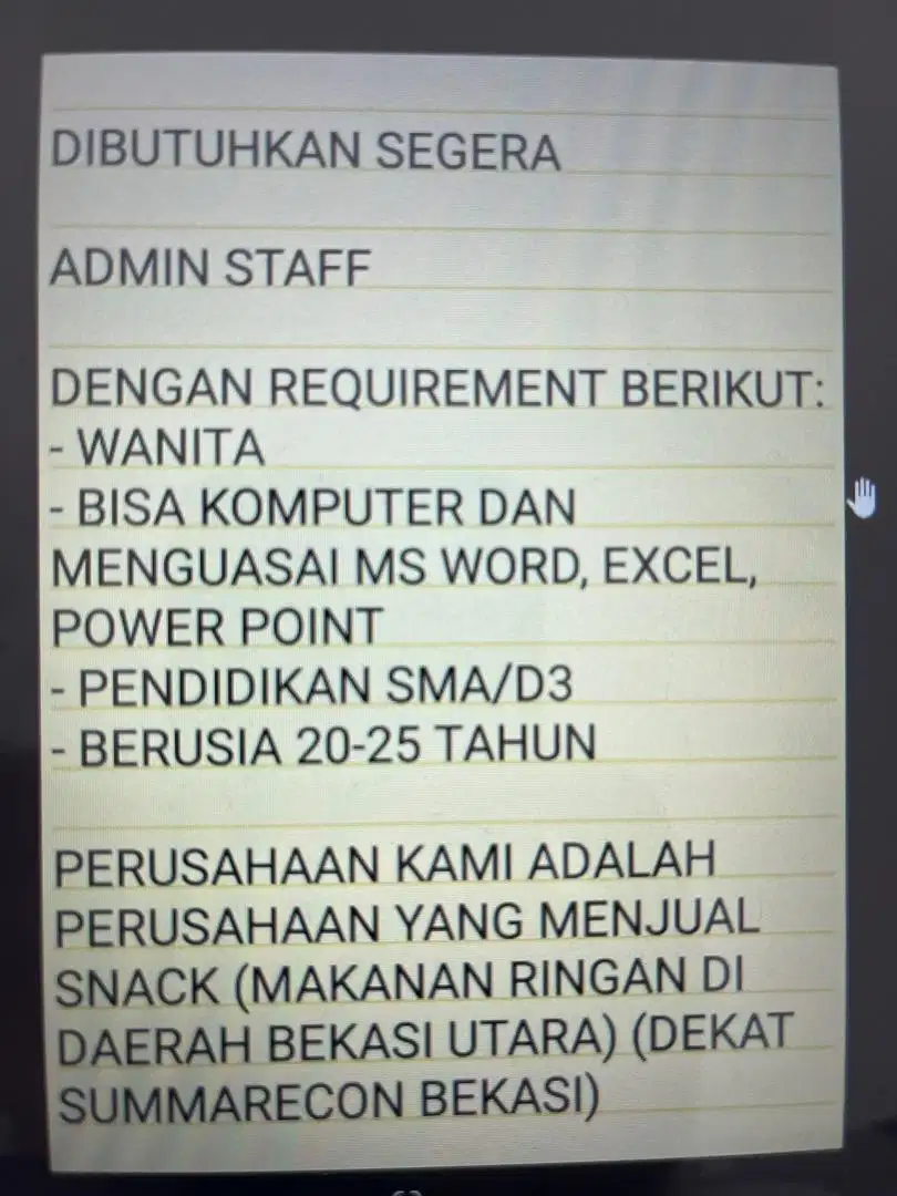 DIBUTUHKAN SEGERA STAFF ADMIN