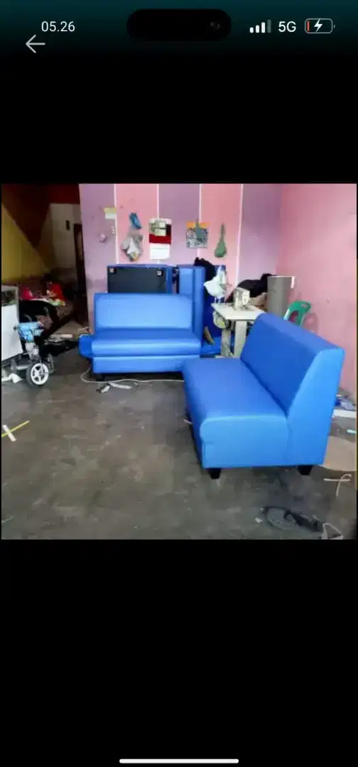 Sofa CAFE minimalis biru kain kulit