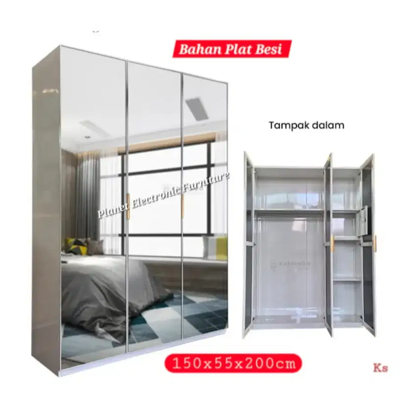 Lemari pakaian plat besi 150cm pintu full cermin lemari baju