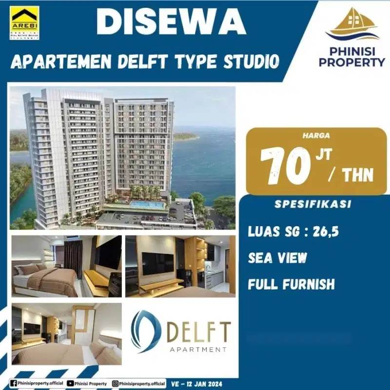 DISEWAKAN APARTEMEN DELFT CPI TYPE STUDIO SEA VIEW FULL FURNISH