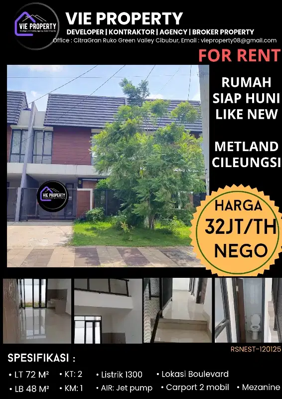 DISEWAKAN MURAH, RUMAH SEPERTI BARU DI METLAND CILEUNGSI