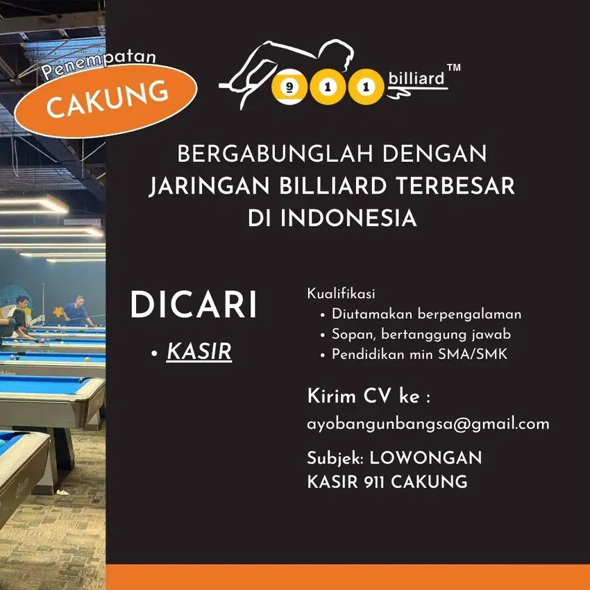 Lowongan KASIR billiard cabang Cakung Jakarta Timur