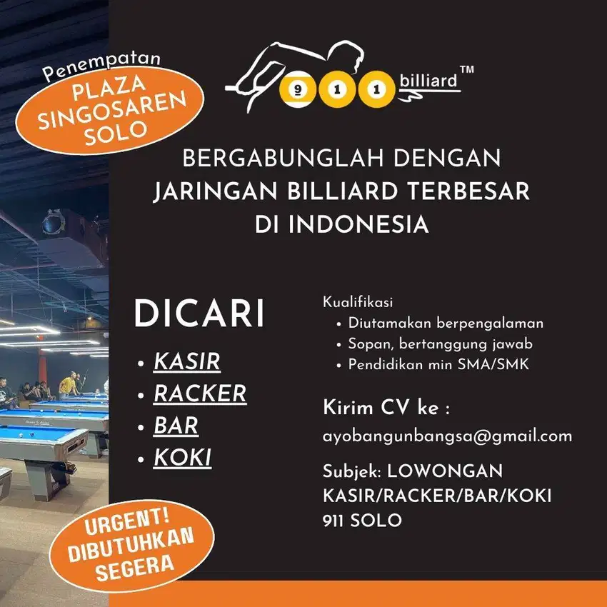 Lowongan KASIR/KOKI/BAR/RACKER Billiard cabang Solo