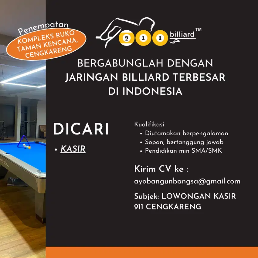 Lowongan KASIR billiard cabang Cengkareng