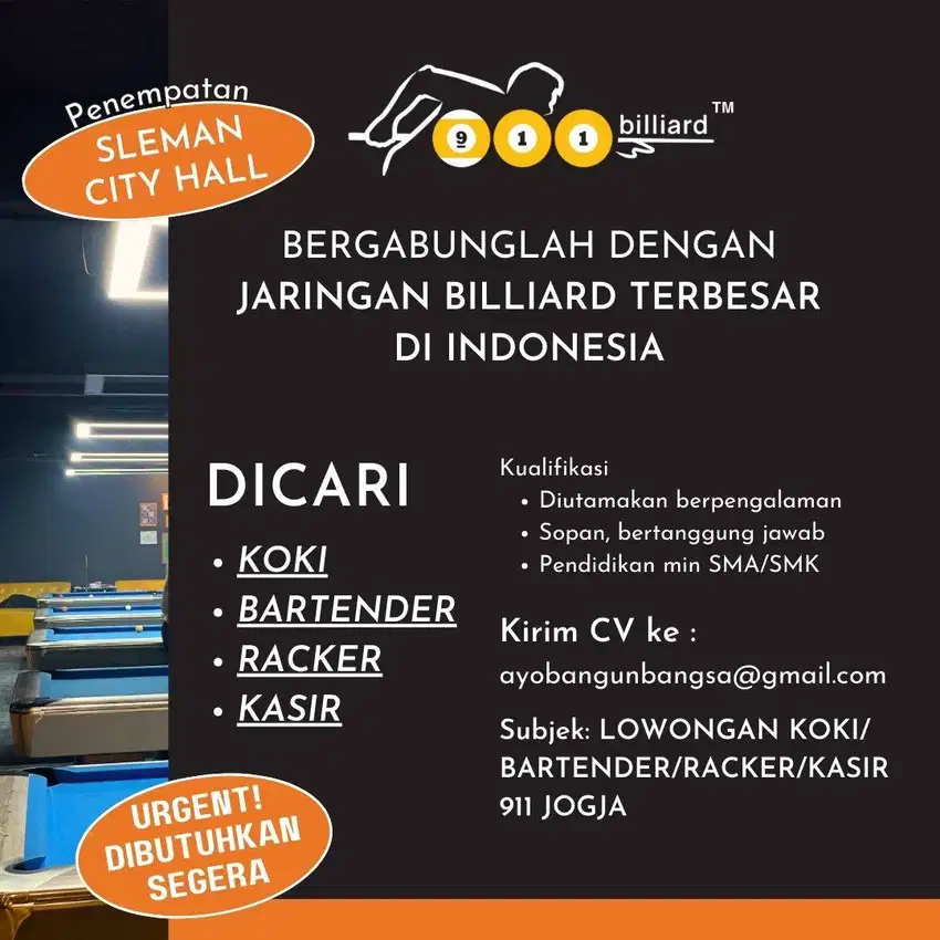 Lowongan  KOKI/BAR/RACKER/KASIR Billiard cabang Jogja