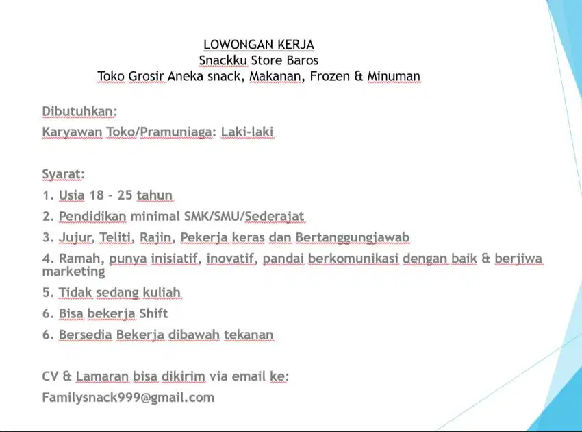 Lowongan kerja Karyawan Toko/Pramuniaga Laki - Laki