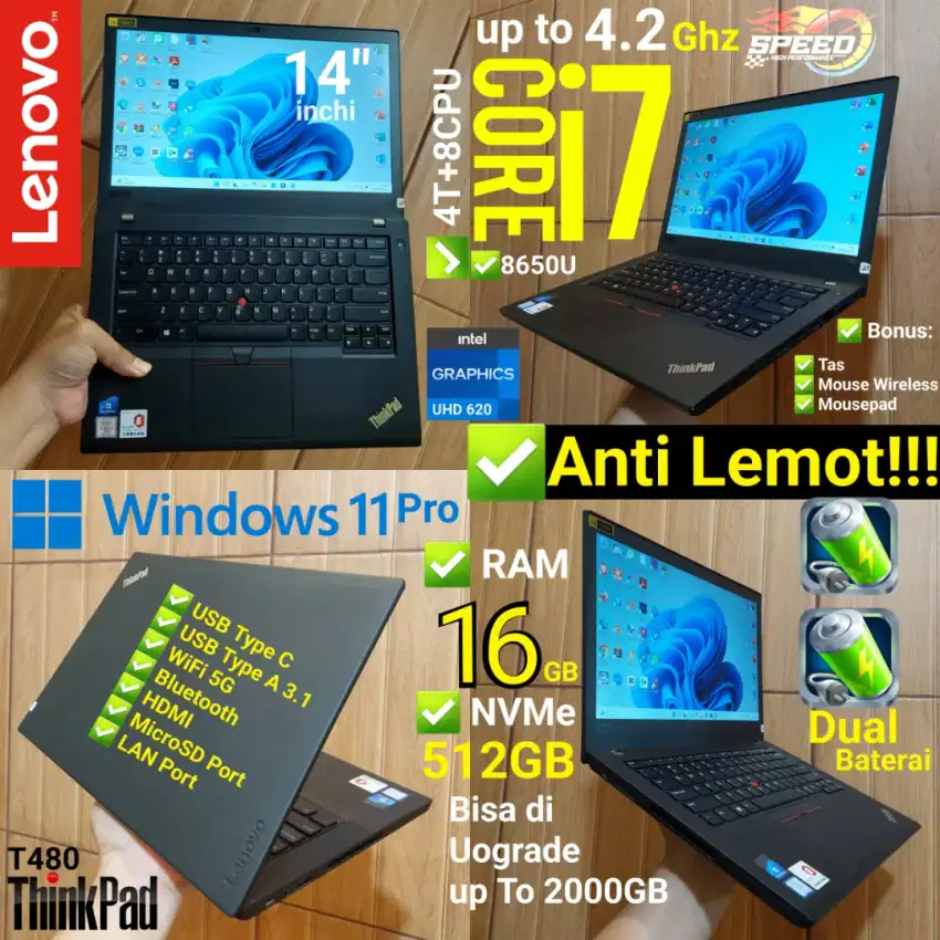 Laptop i7 Anti Lemot Gen Baru RAM 16GB NVMe 512GB Thinkpad Lenovo T480