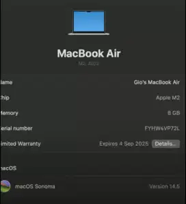 Macbook Air M2 2022, Garansi sampe sept 2025