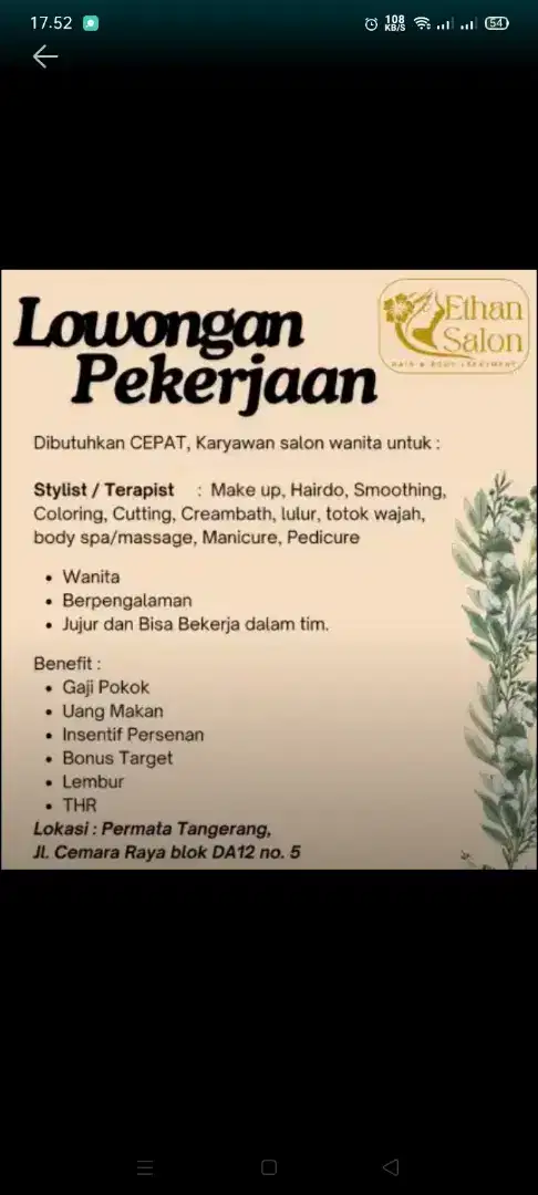 Dicari karyawan Salon