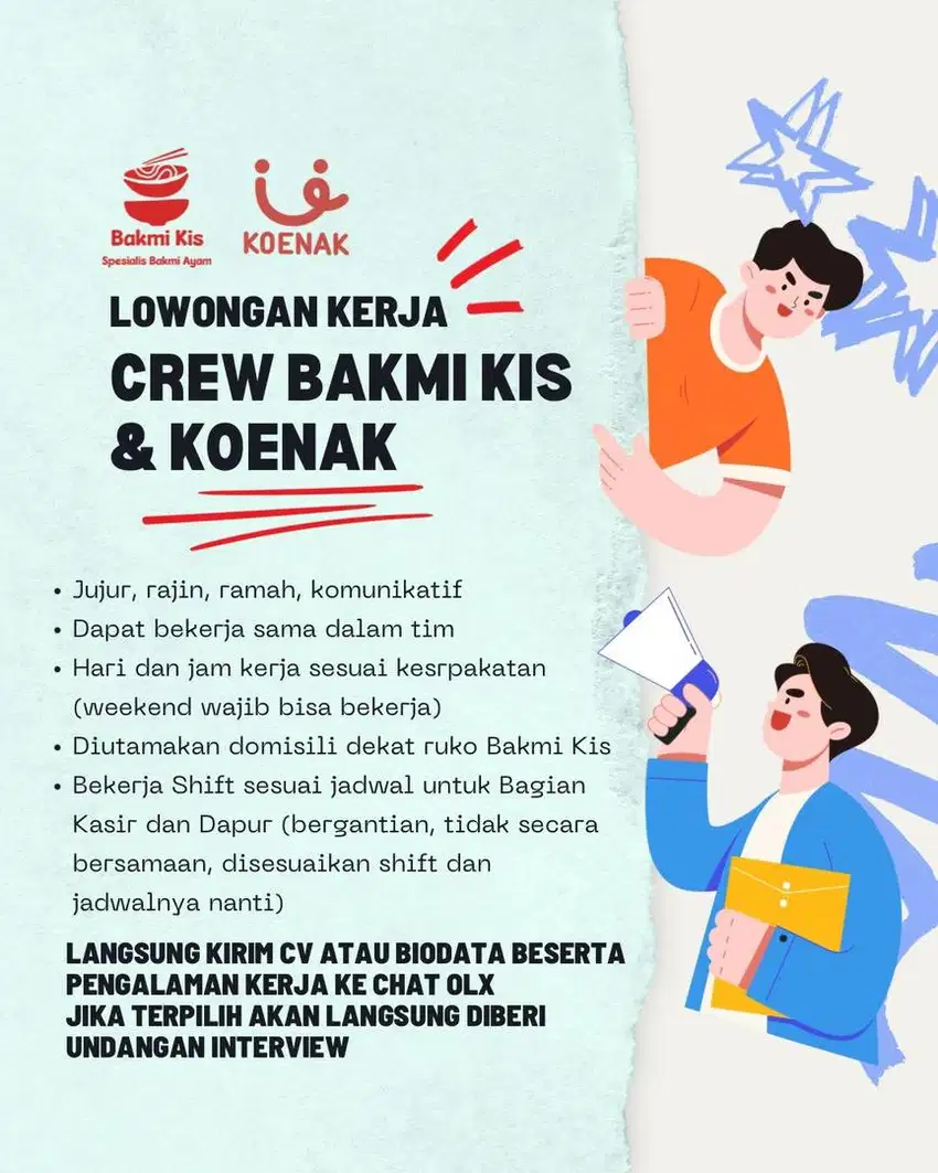 lowongan kerja crew bakmi Kis & Koenak