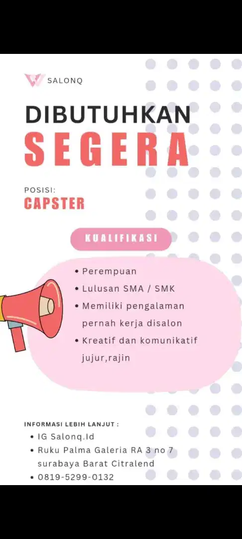 Lowongan kerja Salon kecantikan Kapster Terapis