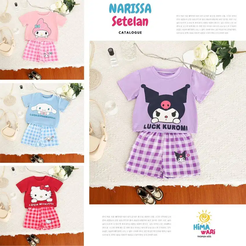 setelan anak perempuan terbaru motif kartun kuromi, my melody dll