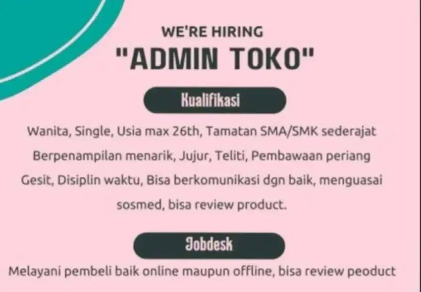 Lowongan kerja admin Toko