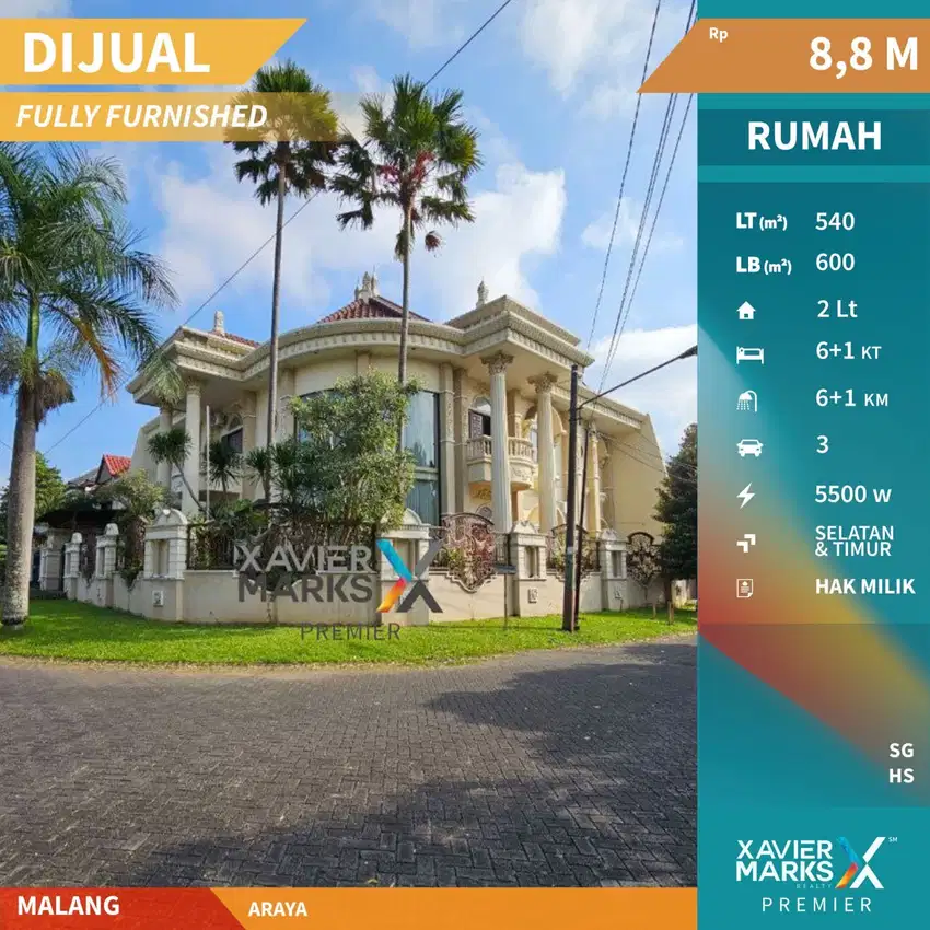 Dijual Rumah Mewah Klasik Full Furnished Di  Araya Malang