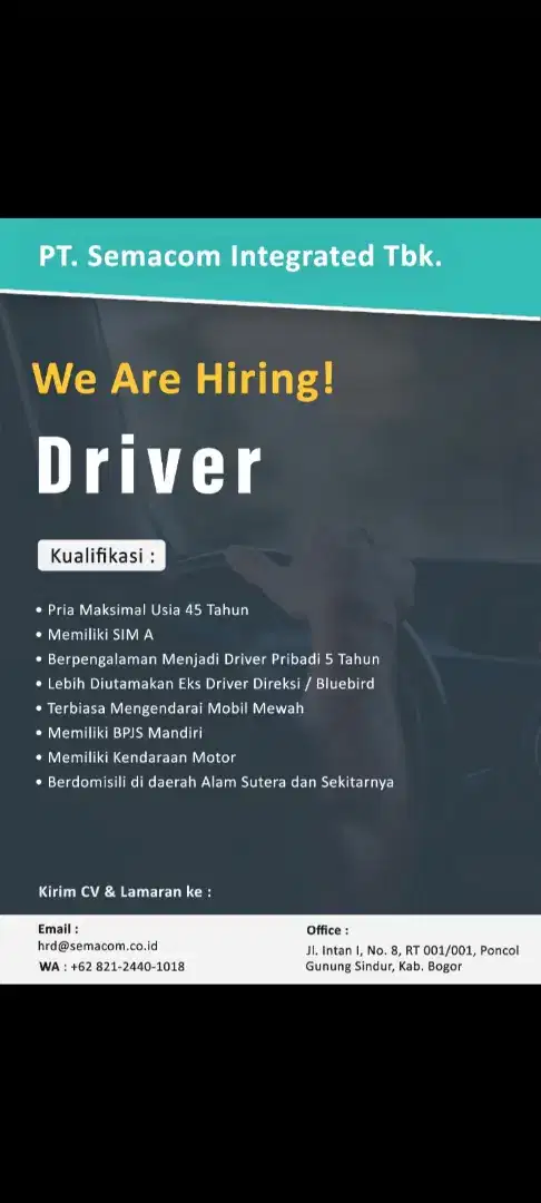 LOWONGAN KERJA DRIVER DIREKSI